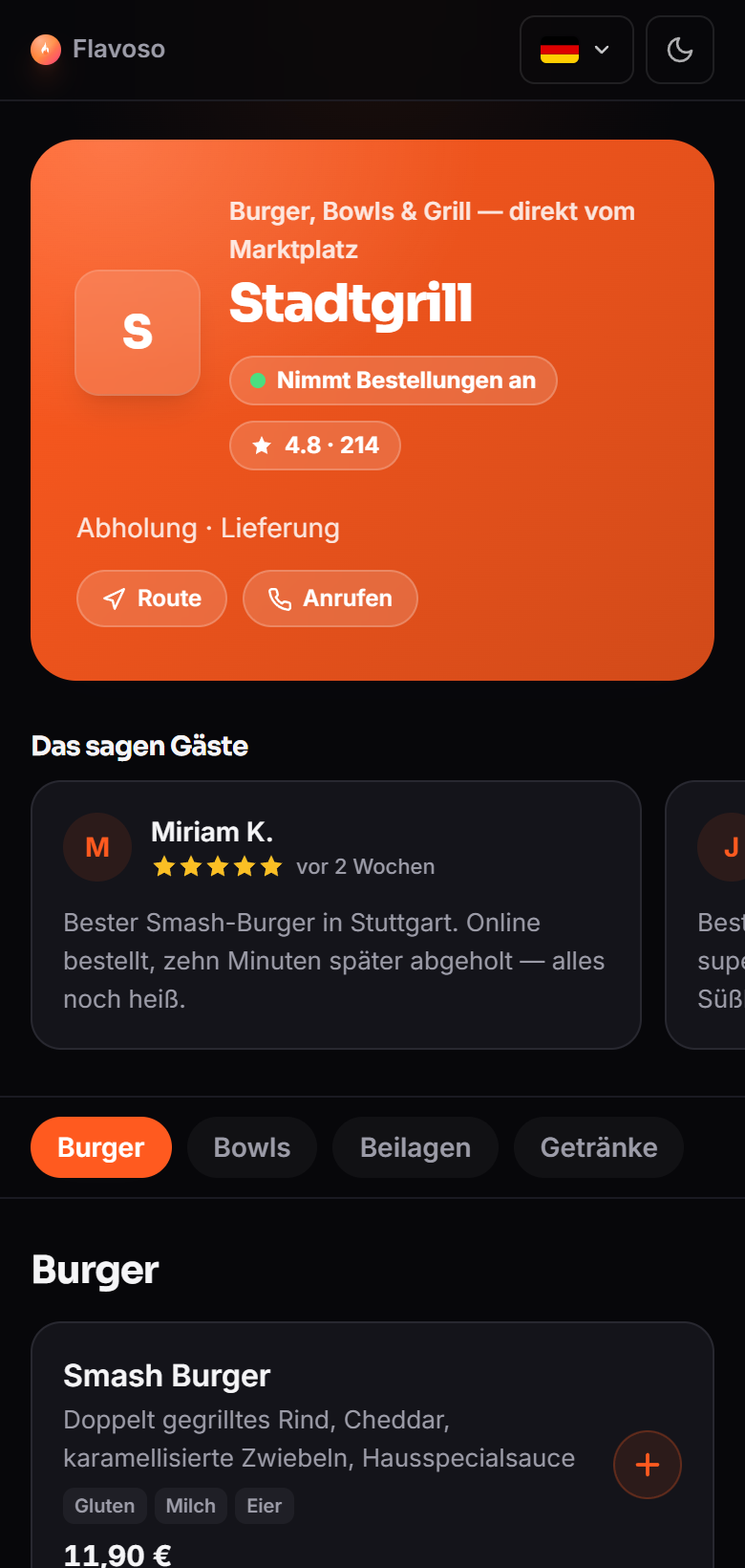 Die echte Flavoso-Bestellseite auf dem Smartphone