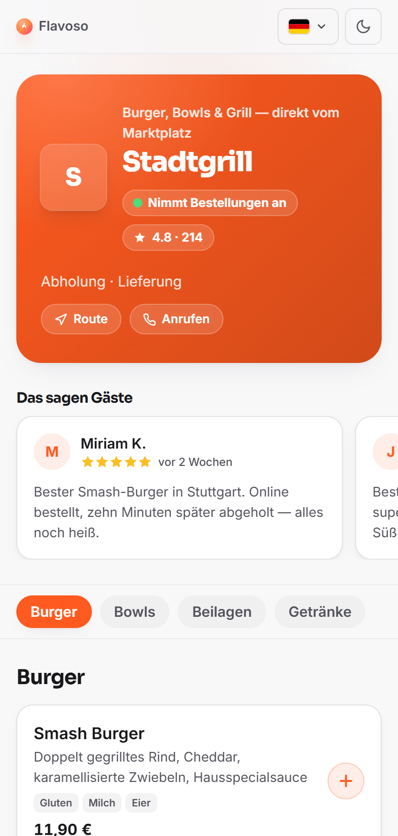 Die echte Flavoso-Bestellseite auf dem Smartphone