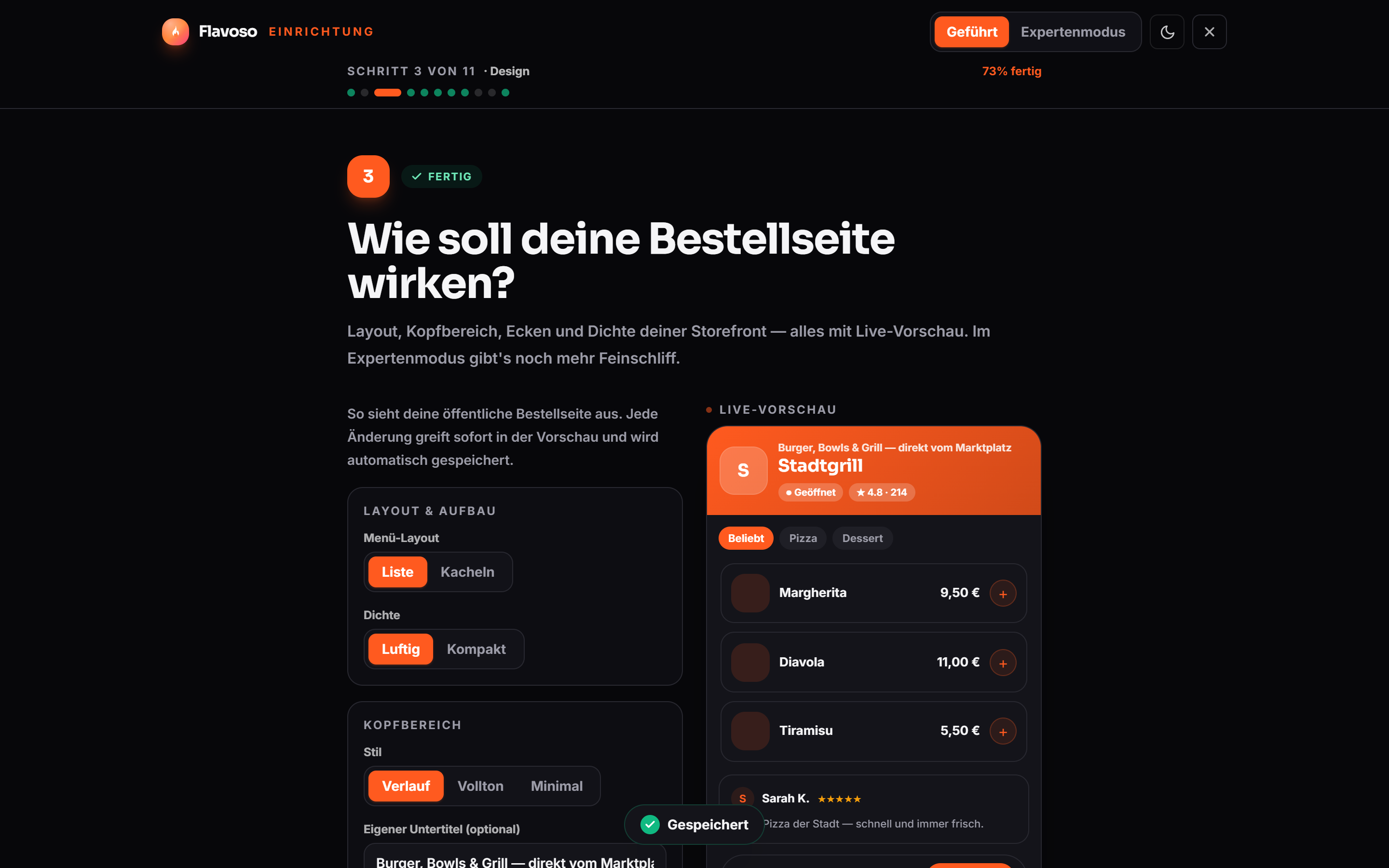 Der Einrichtungs-Assistent von Flavoso